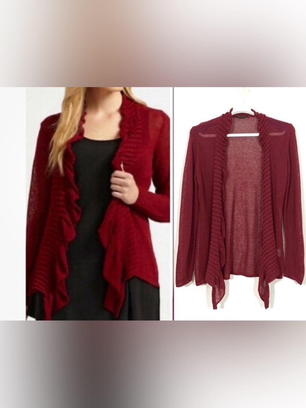 Eileen Fisher Loose Knit Open Ruffle Front Cardigan Wine Red Linen Blend Medium